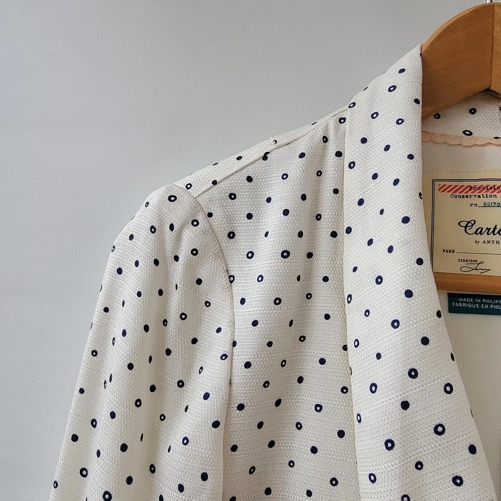 Anthropologie Cartonnier Polka Dot Blazer Size Small White Blue Bolero Jacket